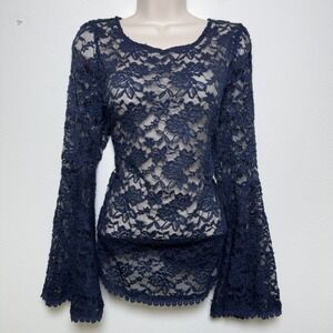 Alythea Women Whimsigoth Lace Top Large Navy Blue Sheer Western Floral Indie